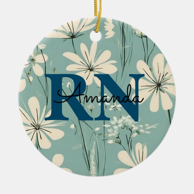 Blue White Modern Daisy Personalized Name RN Nurse Ceramic Ornament (Front)