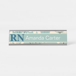 Blue White Modern Daisy Personalized Name RN Nurse Desk Name Plate
