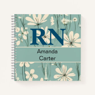 Blue White Modern Daisy Personalized Name RN Nurse Notebook