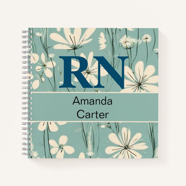 Blue White Modern Daisy Personalized Name RN Nurse Notebook (Front)