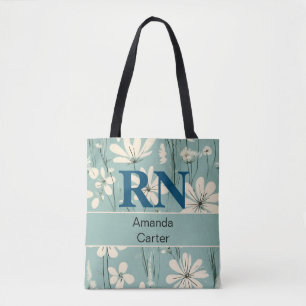 Blue White Modern Daisy Personalized Name RN Nurse Tote Bag