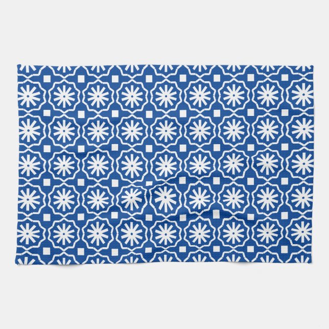 Blue white modern geometric floral pattern kitchen towel (Horizontal)