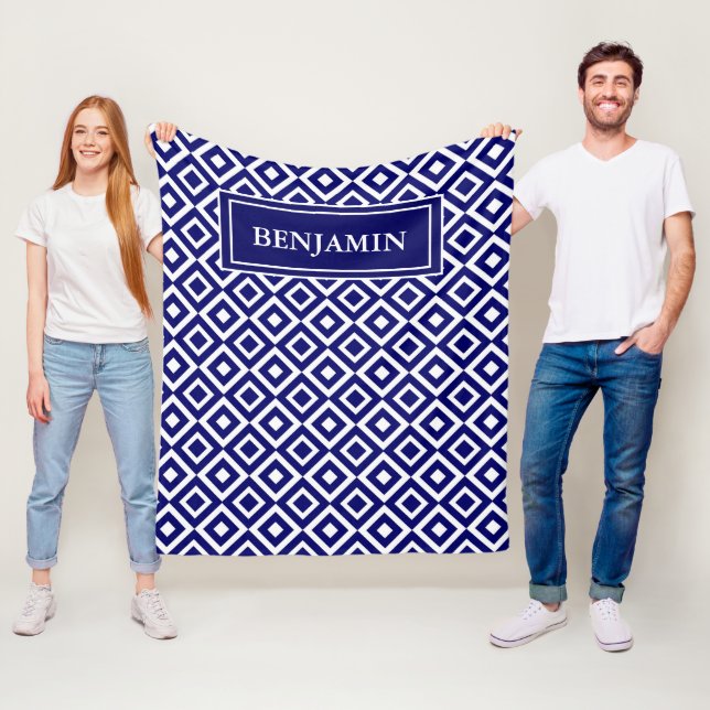 Blue White Modern Geometric Pattern Personalize Fleece Blanket (In Situ)