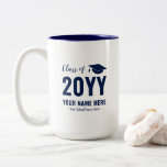 Blue & White | Modern Graduation Gift Custom Mug<br><div class="desc">Celebrate your special event with this custom mug. This coffee mug design features stylish typography " Class of 20YY " and a graduation cap graphic with custom text. Perfect personalized gift for graduation day! More designs available at my shop BaraBomDesign.</div>