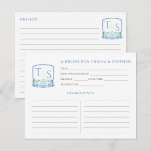 Blue White Monogram Bridal Shower Recipe Card