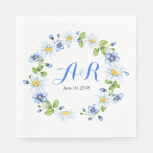 Blue White Monogram Daisy Floral Wedding Napkin