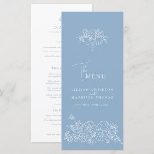 Blue white monogram fleur de lis wedding menu