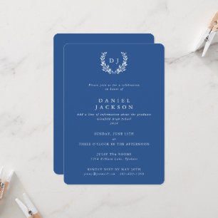 Blue+White Monogram Laurel Wreath Graduation Invitation