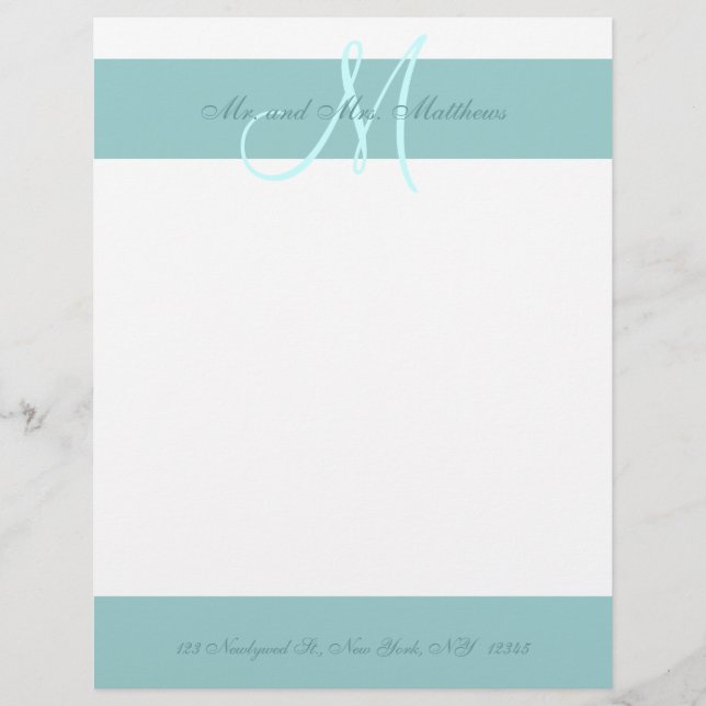 Blue White Monogram Letterhead for Newlyweds (Front)