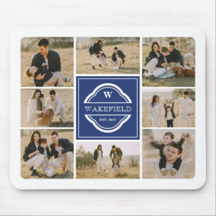 Blue White Monogram & Year Photo Collage Mouse Pad