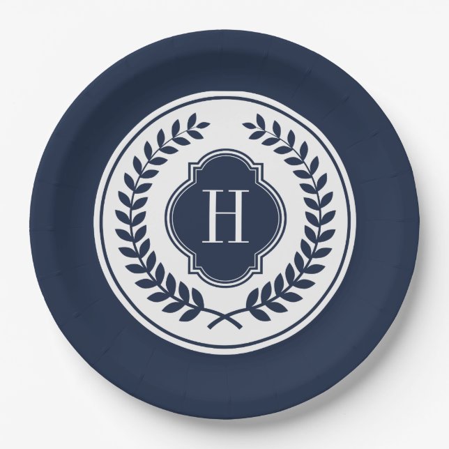 Blue & White Monogramed Wreath Crest Paper Plate (Front)