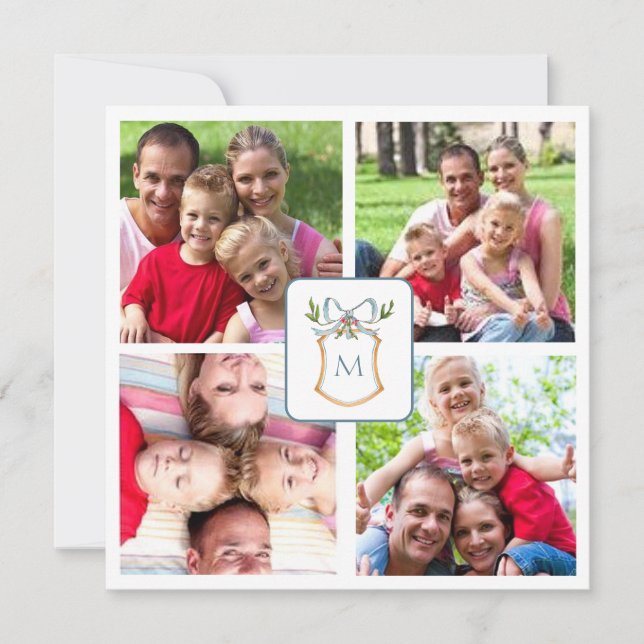 Blue & White Monogrammed crest 4 Photo  Holiday Card (Front)