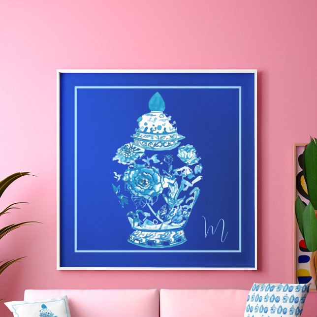 Blue White Monogrammed Elegant Ginger Jar  Poster (Creator Uploaded)