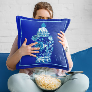 Blue White Monogrammed Elegant Ginger Jar  Throw Pillow
