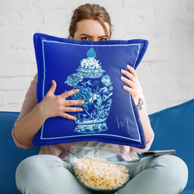 Blue White Monogrammed Elegant Ginger Jar  Throw Pillow (Creator Uploaded)