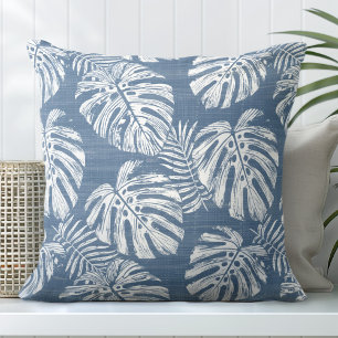 Blue & White Monstera Palm Leaves Throw Pillow