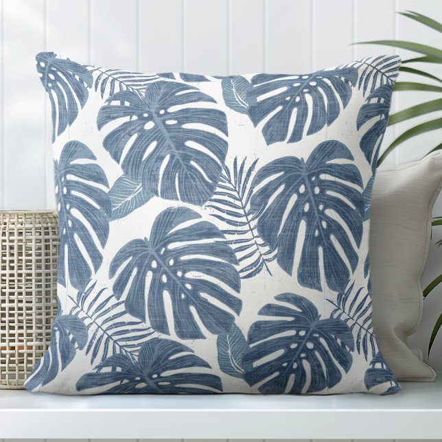 Blue & White Monstera Palm Leaves Throw Pillow (Creator Uploaded)