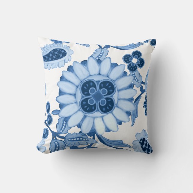 Blue White Moroccan Paisley Modern Leaf Pattern Throw Pillow (Front)