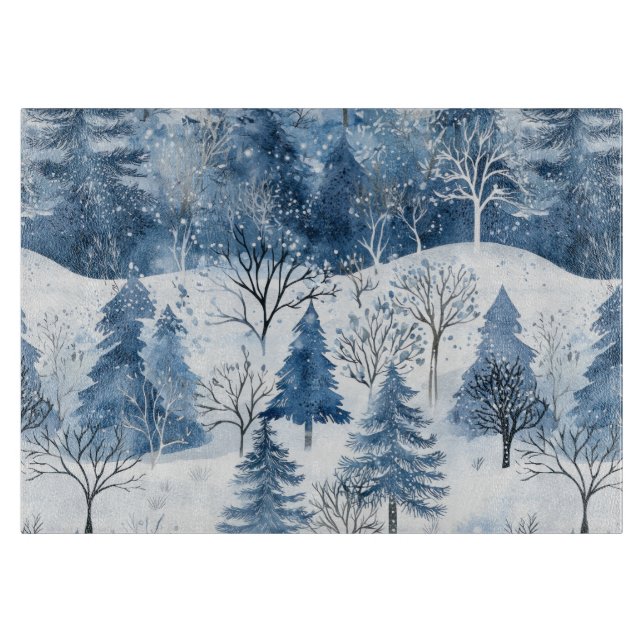 Blue White Mountain Christmas Trees Cutting Board (Front)