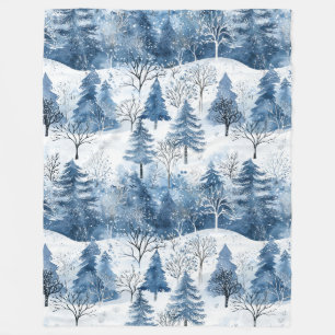 Blue White Mountain Christmas Trees Fleece Blanket
