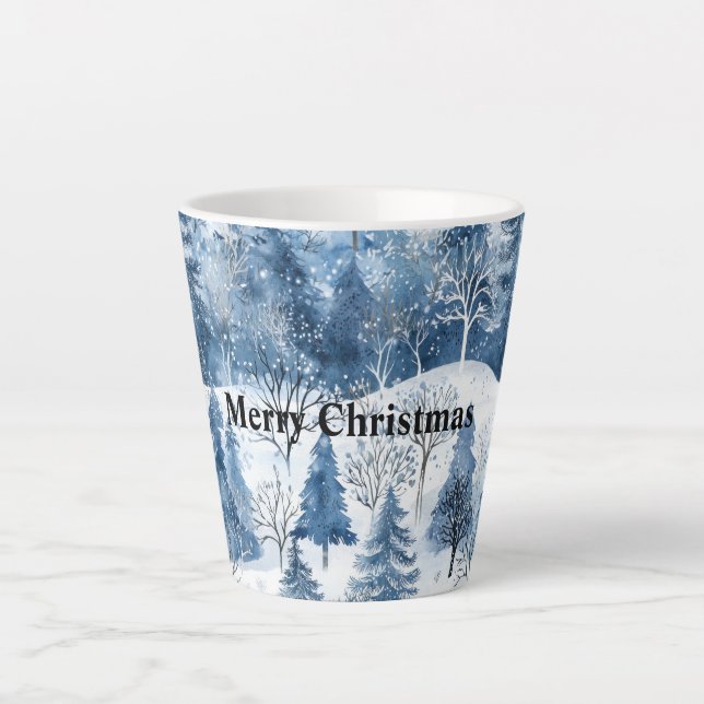 Blue White Mountain Christmas Trees Latte Mug (Front)