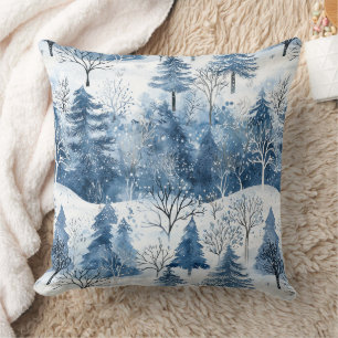 Blue White Mountain Christmas Trees Throw Pillow