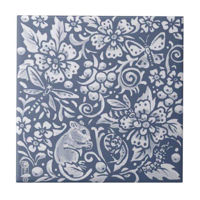 Blue White Mouse Woodland Forest Animal Ornate Tile (Front)