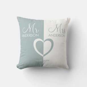 Blue white Mr Mrs name heart wedding gift Throw Pillow