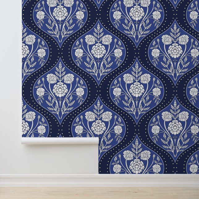 Blue & White Mughal Garden Floral Pattern Wallpaper (Application)