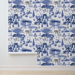 Blue & White Mughal Garden Pattern Wallpaper