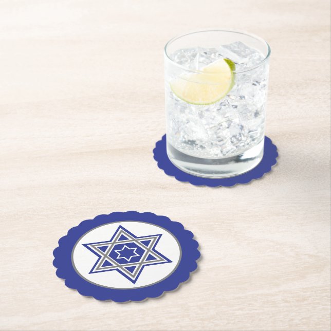 Blue & White Multiple Stars of David Design Paper Coaster (Insitu)