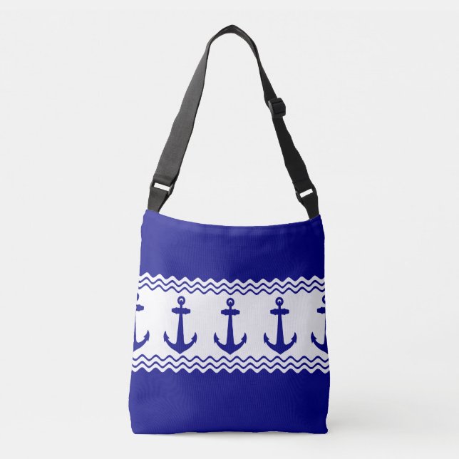 Blue White Nautical Anchor Coastal Stripes Crossbody Bag (Front)