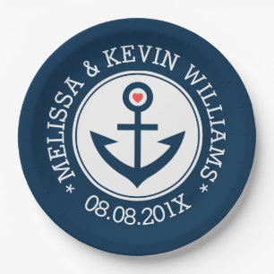 Blue & White Nautical Boat Anchor Wedding Design Paper Plate