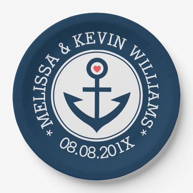 Blue & White Nautical Boat Anchor Wedding Design Paper Plate (Front)