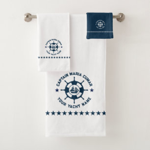 Blue White Nautical Boat Wheel Vintage Boat Bath Towel Set