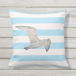 Blue white nautical pastel stripes seagull bird outdoor pillow