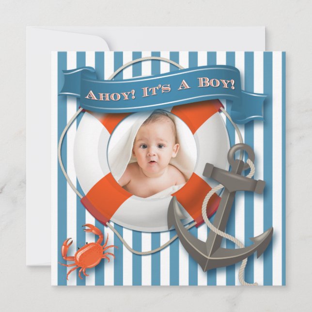 Blue, White Nautical Photo Baby Shower Invitation (Front)