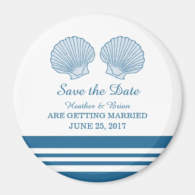 Blue White Nautical Seashells Save the Date Magnet (Front)