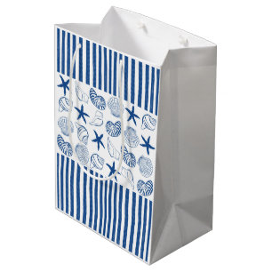 Blue & White Nautical stripes and shells Medium Gift Bag