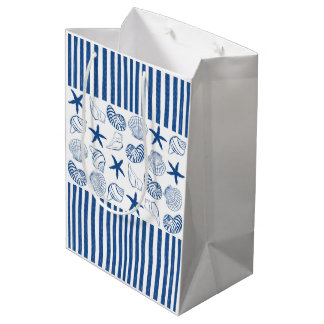 Blue & White Nautical stripes and shells Medium Gift Bag
