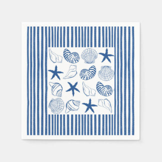 Blue & White Nautical stripes and shells Napkin