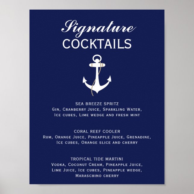 Blue & White Nautical Wedding Signature Cocktail  Poster (Front)