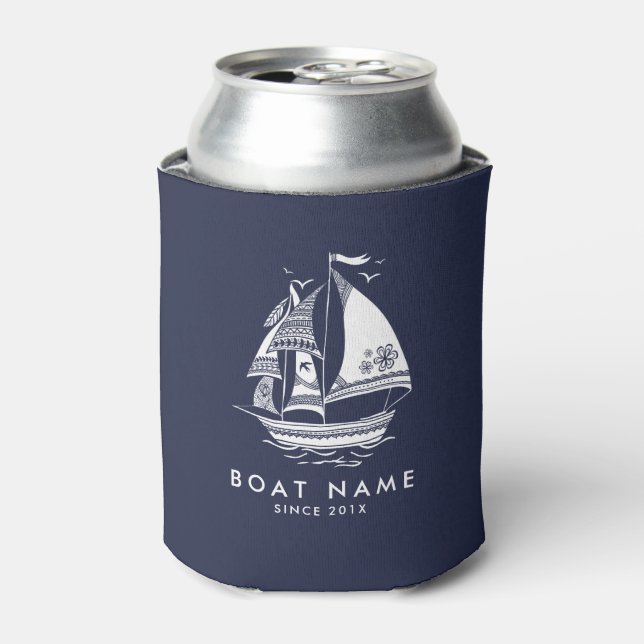 Blue & White Nautical Wind-sailing Boat Can Cooler (Can Front)
