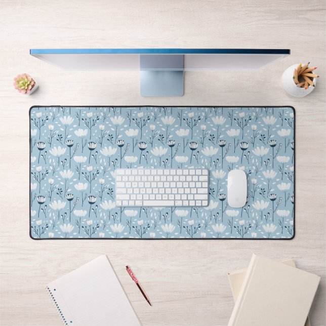 Blue White Navy Whimsical Watercolor Florals Desk Mat (Office 1)