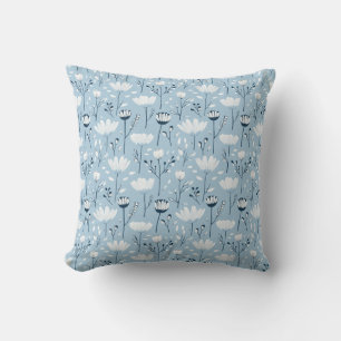 Blue White Navy Whimsical Watercolor Florals Throw Pillow