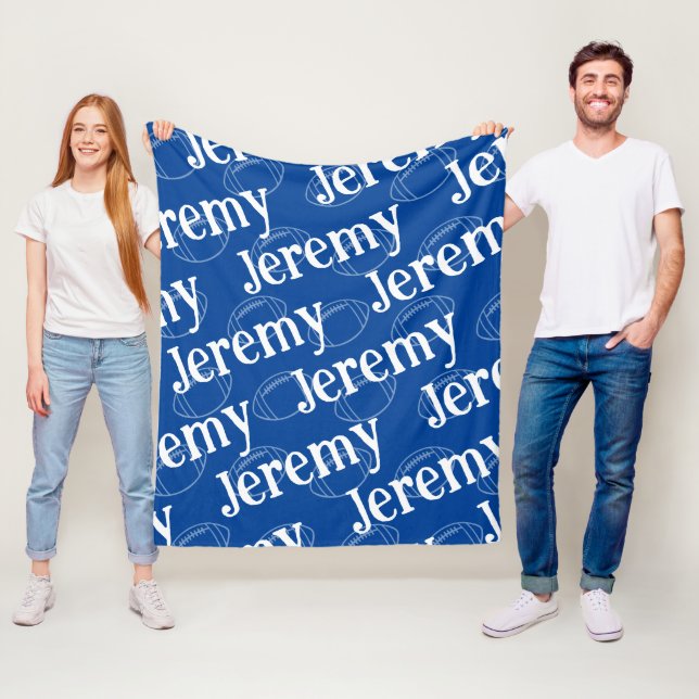 Blue & White Novelty Football Monogram Fleece Blanket (In Situ)