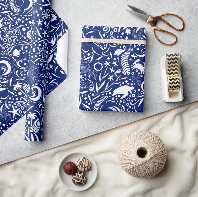 Blue White Ocean Pattern | Dolphin Wave Shell Crab Wrapping Paper (Crafts)