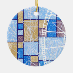 Blue white ochre abstract pattern, stars & squares ceramic ornament