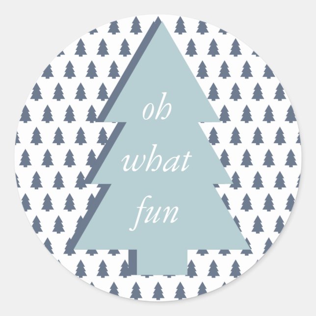 Blue White Oh What Fun Christmas Tree Pattern Classic Round Sticker (Front)