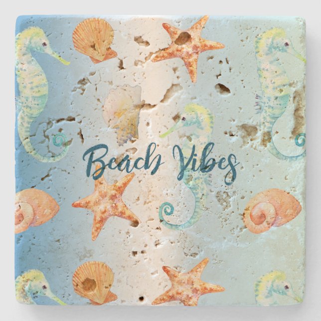 Blue White Ombre Shells Seahorse Starfish Stone Coaster (Front)